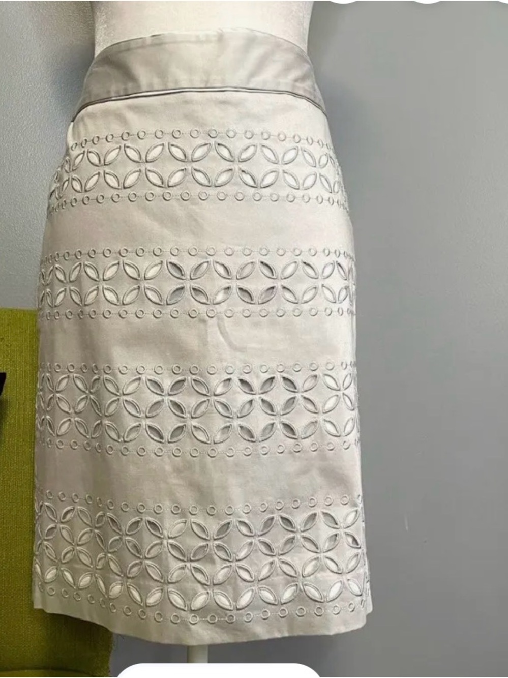 White House Black Market Silver Embroidered Midi Skirt